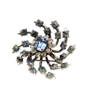 Vintage Coro Pinwheel Flower Brooch with Emerald Cut Center Rhinestone, Spiral